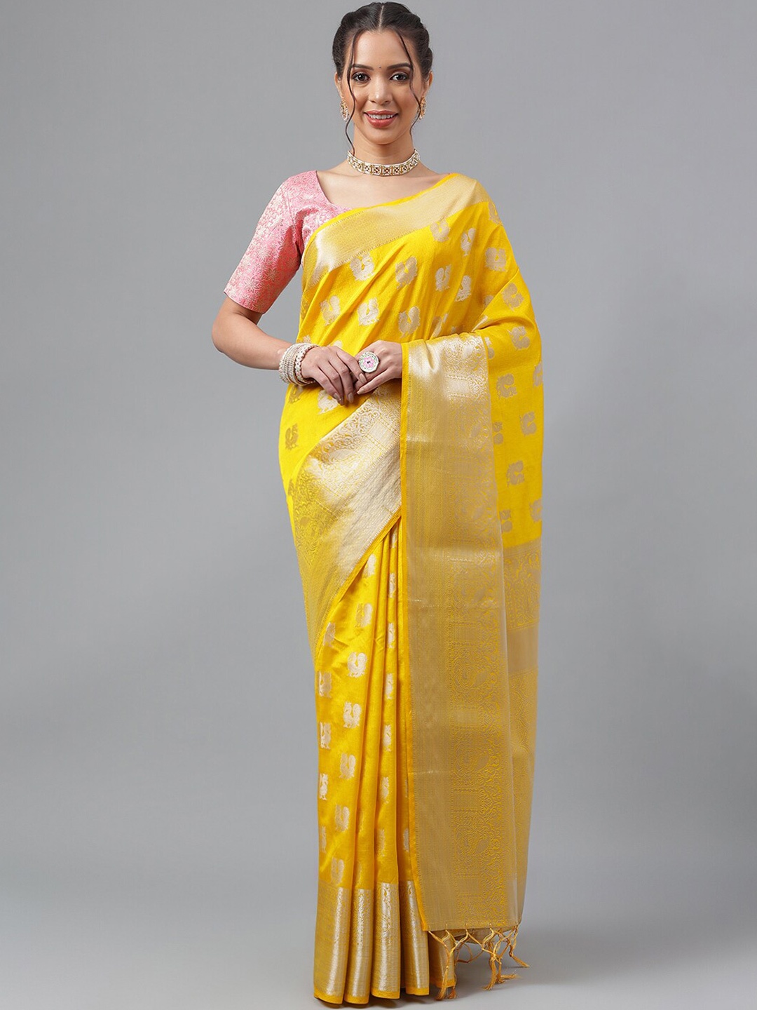 

WEAVETECH IMPEX Ethnic Motifs Woven Design Zari Silk Cotton Kanjeevaram Saree, Yellow