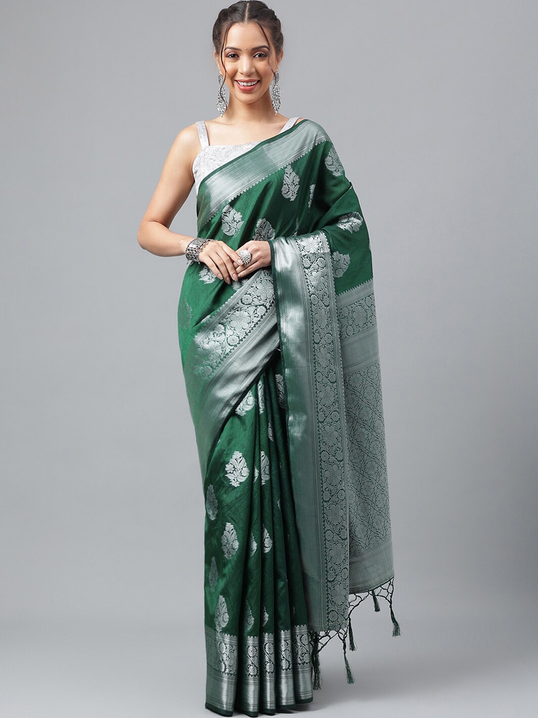 

WEAVETECH IMPEX Ethnic Motifs Woven Design Zari Silk Cotton Kanjeevaram Saree, Green