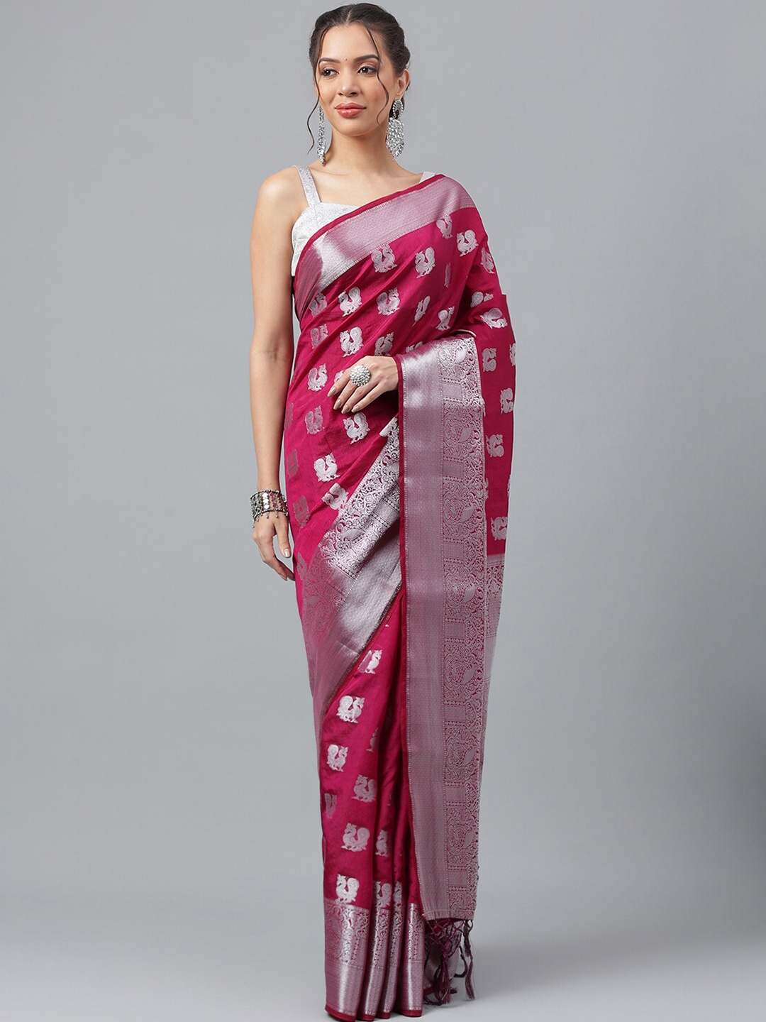 

WEAVETECH IMPEX Woven Design Zari Silk Cotton Kanjeevaram Saree, Purple