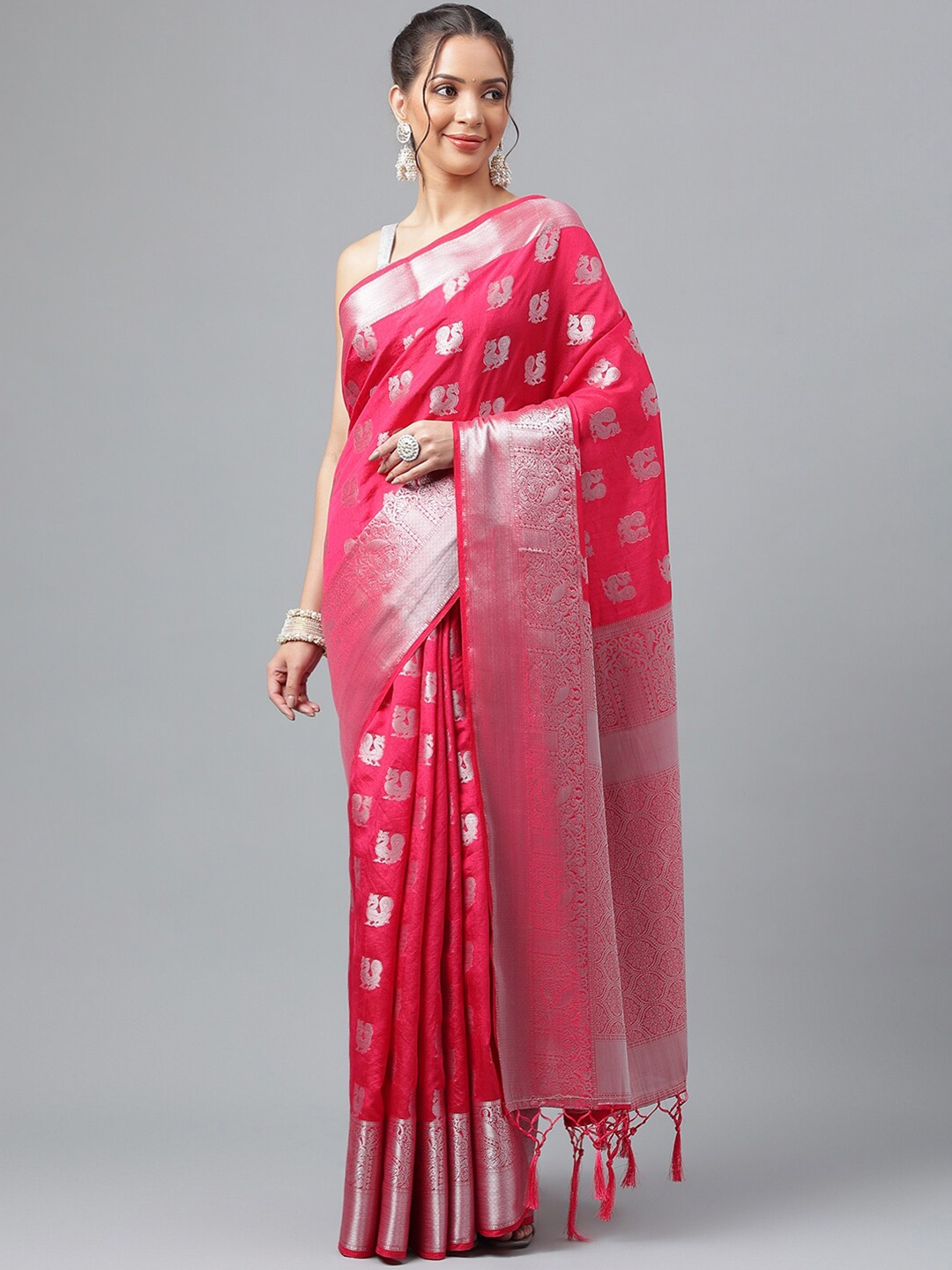 

WEAVETECH IMPEX Woven Design Zari Silk Cotton Kanjeevaram Saree, Magenta