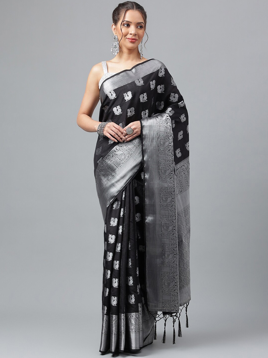 

WEAVETECH IMPEX Woven Design Zari Silk Cotton Kanjeevaram Saree, Black