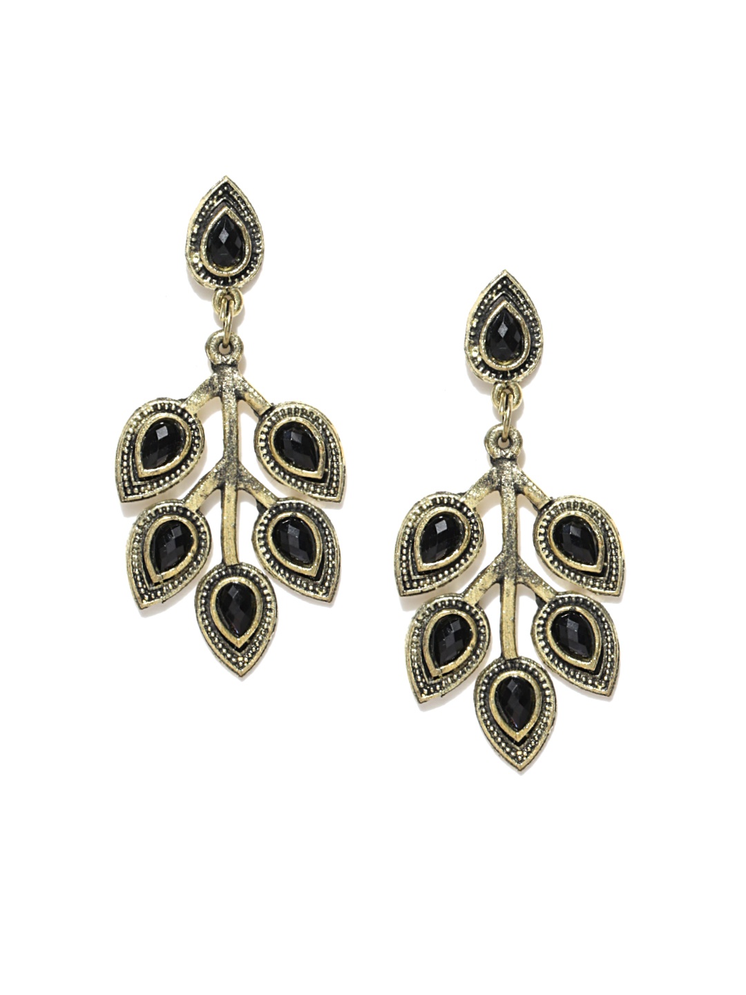 

Infuzze Antique Gold-Toned & Black Leaf Shaped Drop Earrings
