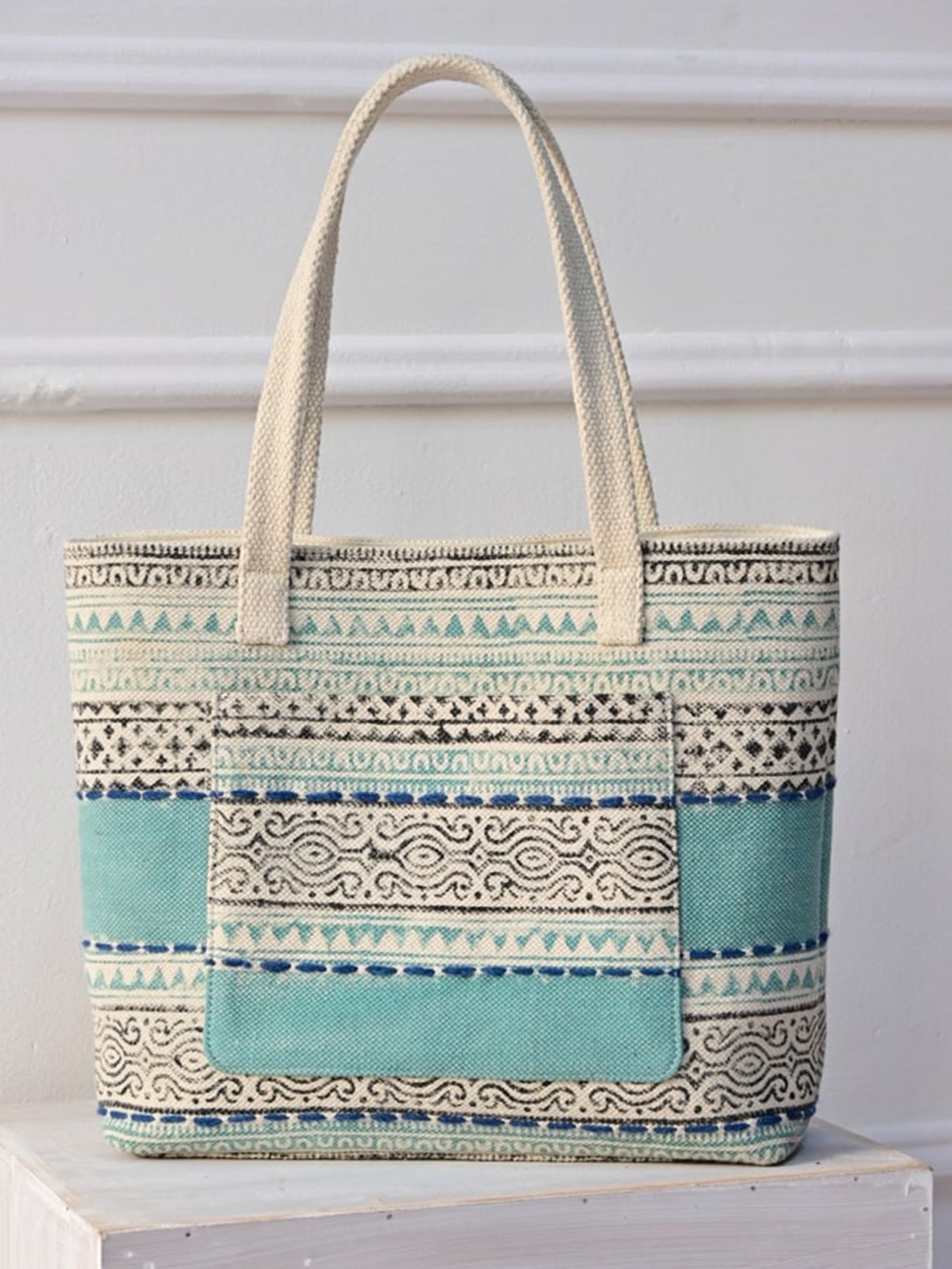Art Avenue Ethnic Printed Oversized Shopper Shoulder Bag, White