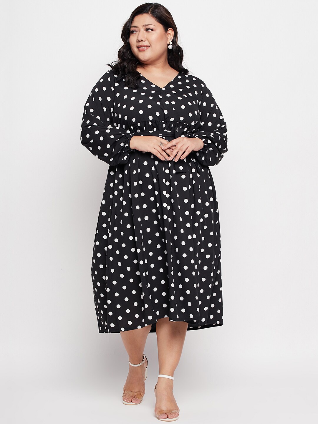 NABIA Plus Size Polka Dot Printed Midi Length Dresses, Black