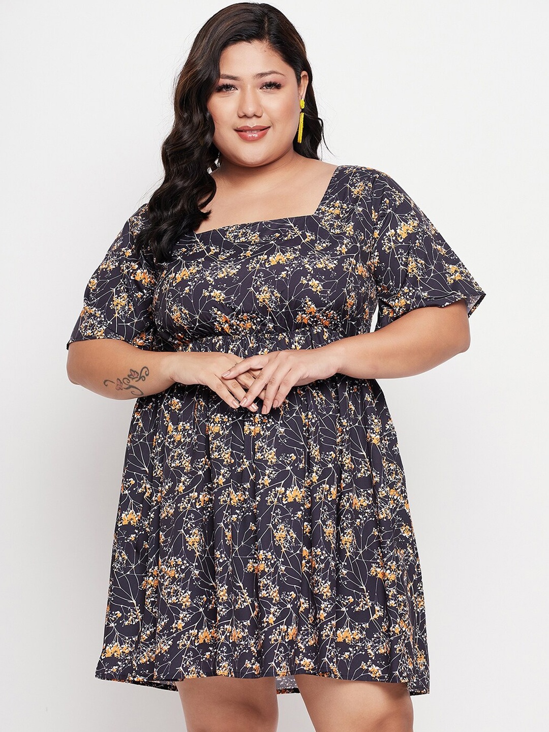 

NABIA Plus Size Foral Printed Gathered Fit & Flare Dress, Black