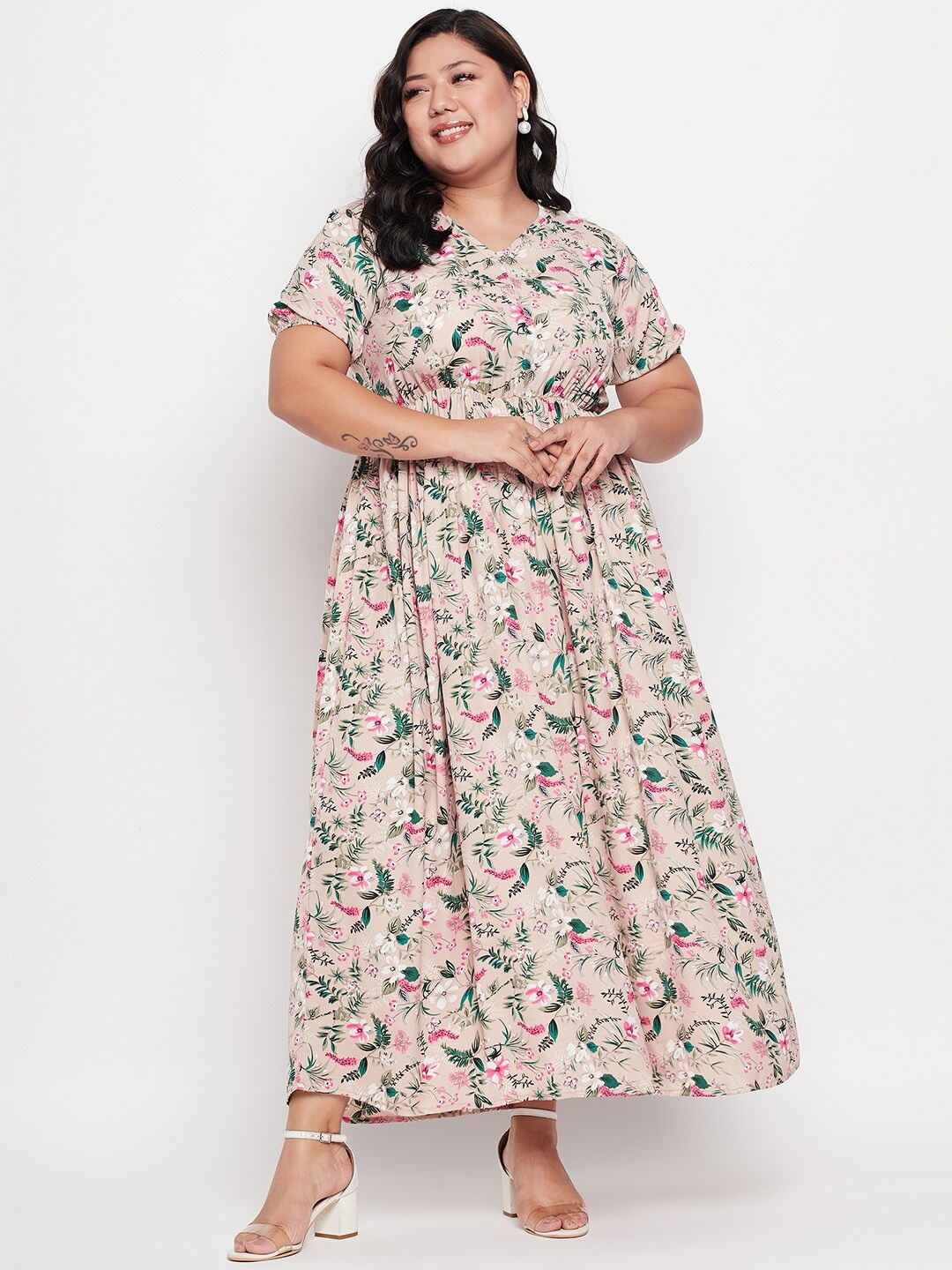 

NABIA Plus Size Foral Printed Gathered Fit & Flare Maxi Dress, Pink