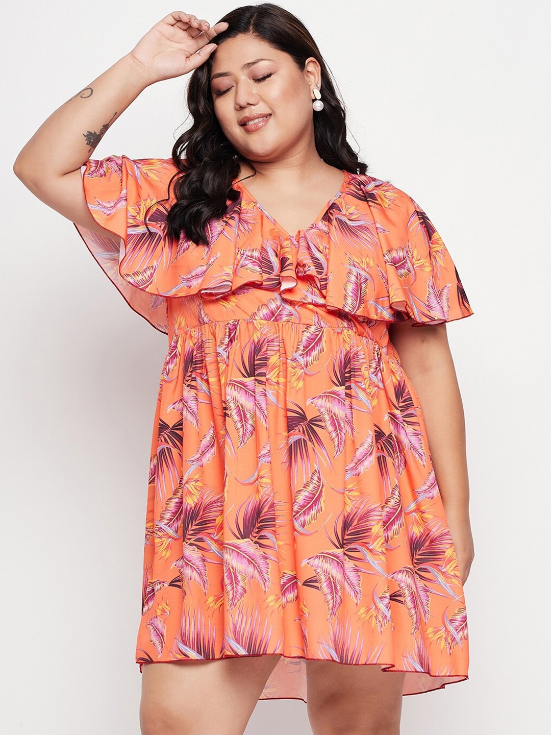

NABIA Plus Size Floral Printed V-Neck Flutter Sleeves Flared Fit and Flare Dress, Orange