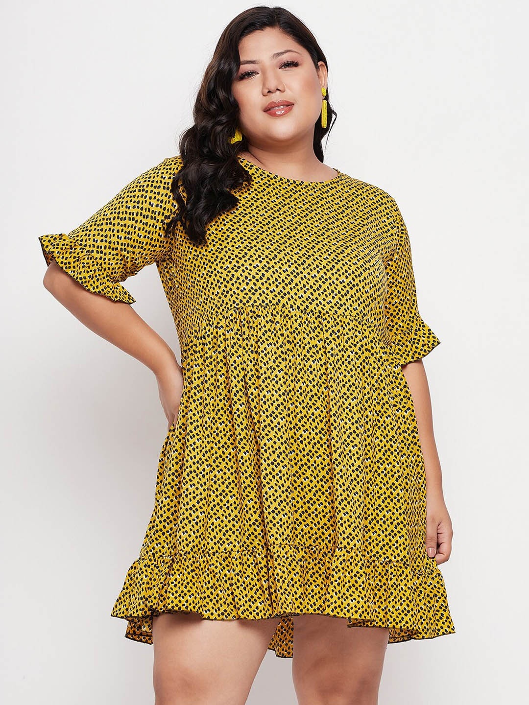 

NABIA Plus Size Animal Printed Ruffles & Flared Tiered A-Line Dress, Yellow