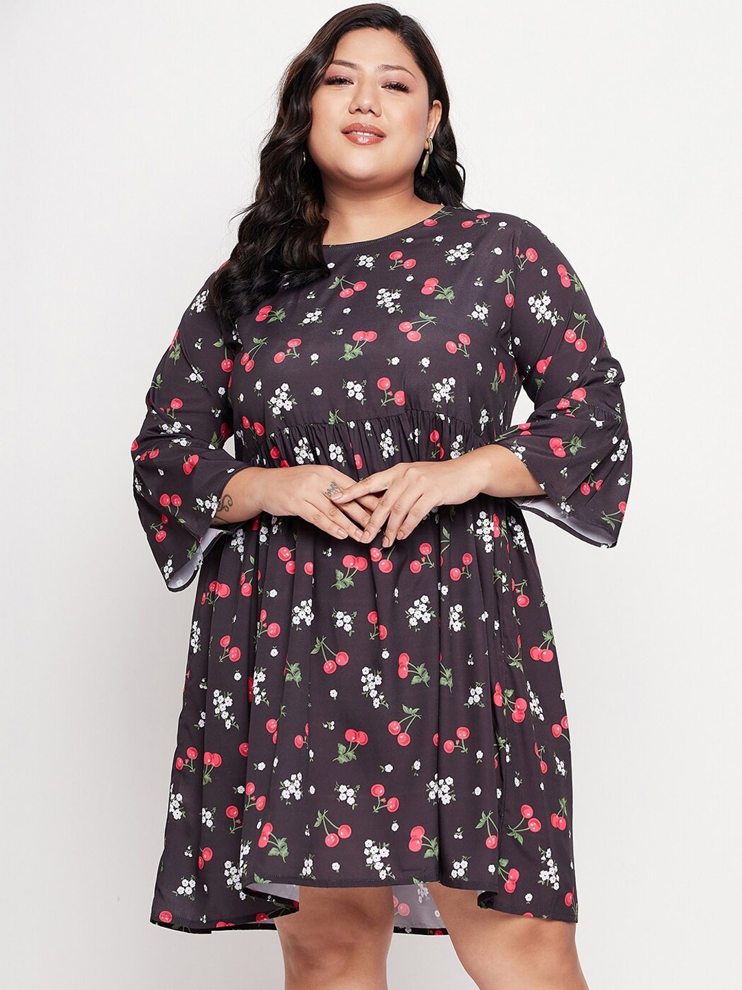 

NABIA Plus Size Conversational Printed Bell Sleeves Flared Fit and Flare Mini Dress, Black