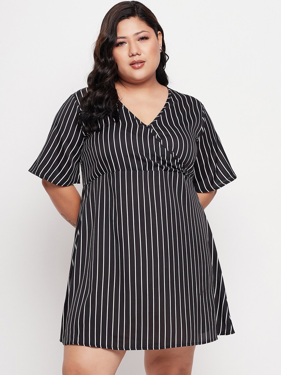 

NABIA Plus Size Striped V-Neck Flared Sleeves Flared Wrap Mini Dress, Black