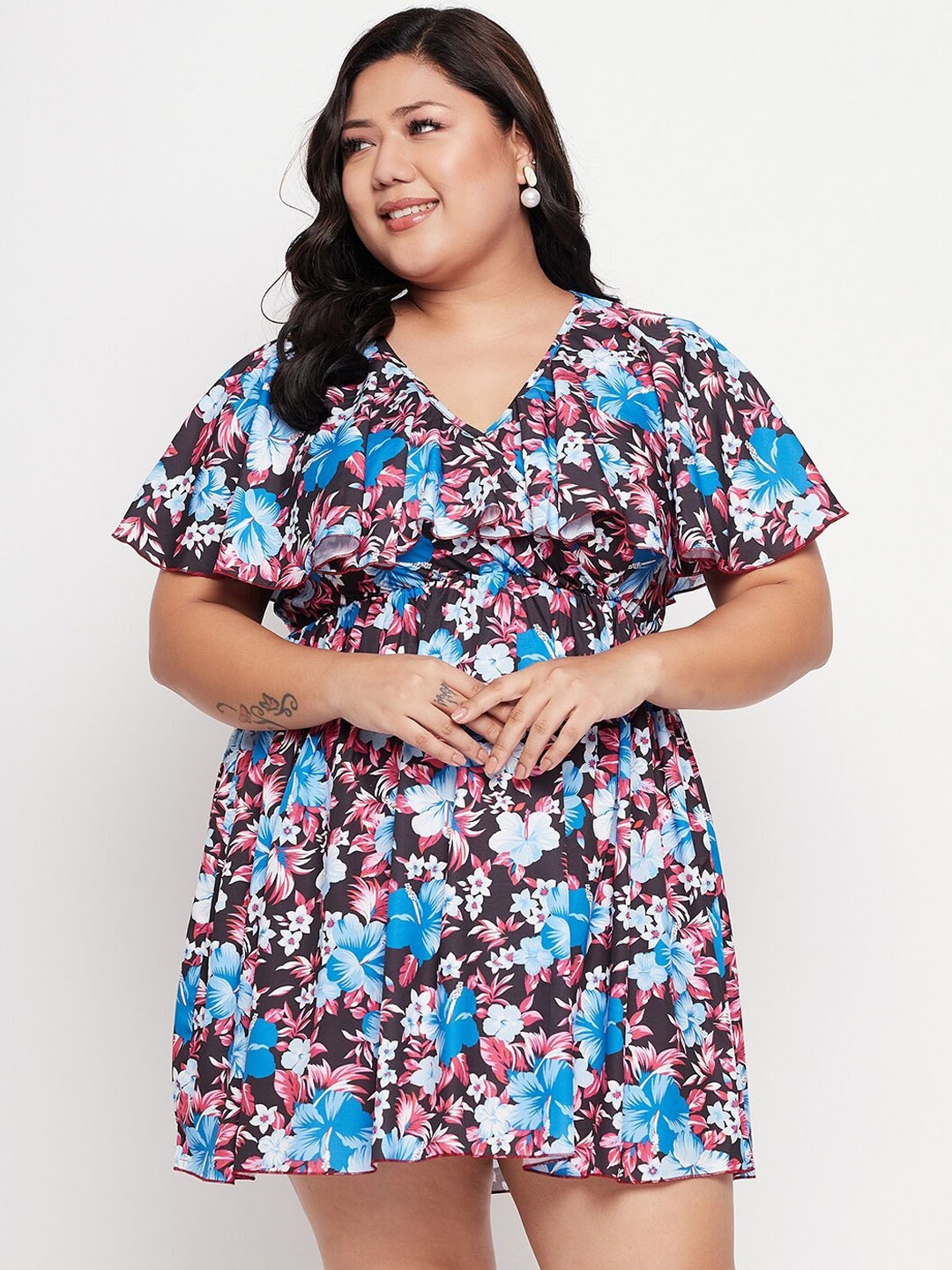 

NABIA Plus Size Floral Printed V-Neck Flutter Sleeves Flared Fit and Flare Dress, Blue