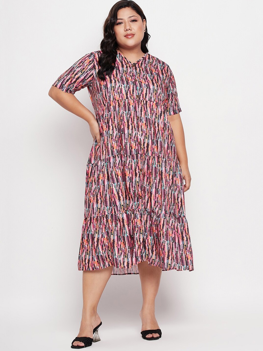 

NABIA Plus Size Abstract Printed V-Neck Flared Tiered A-Line Midi Dress, Pink