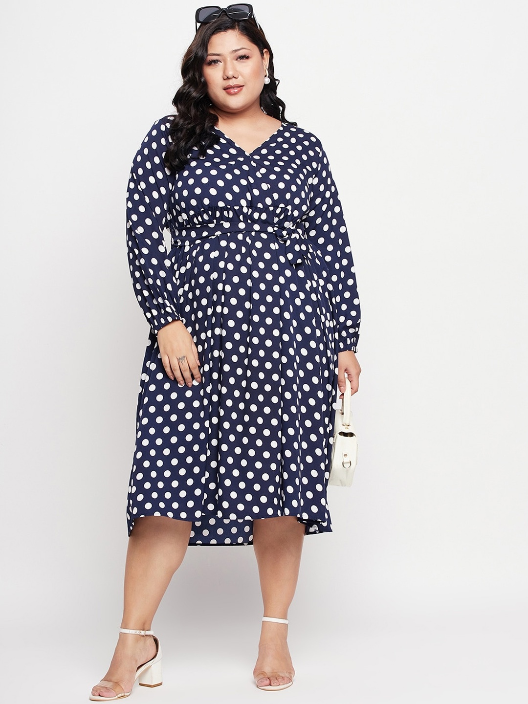 

NABIA Plus Size Polka Dots Printed A-Line Dresses, Blue