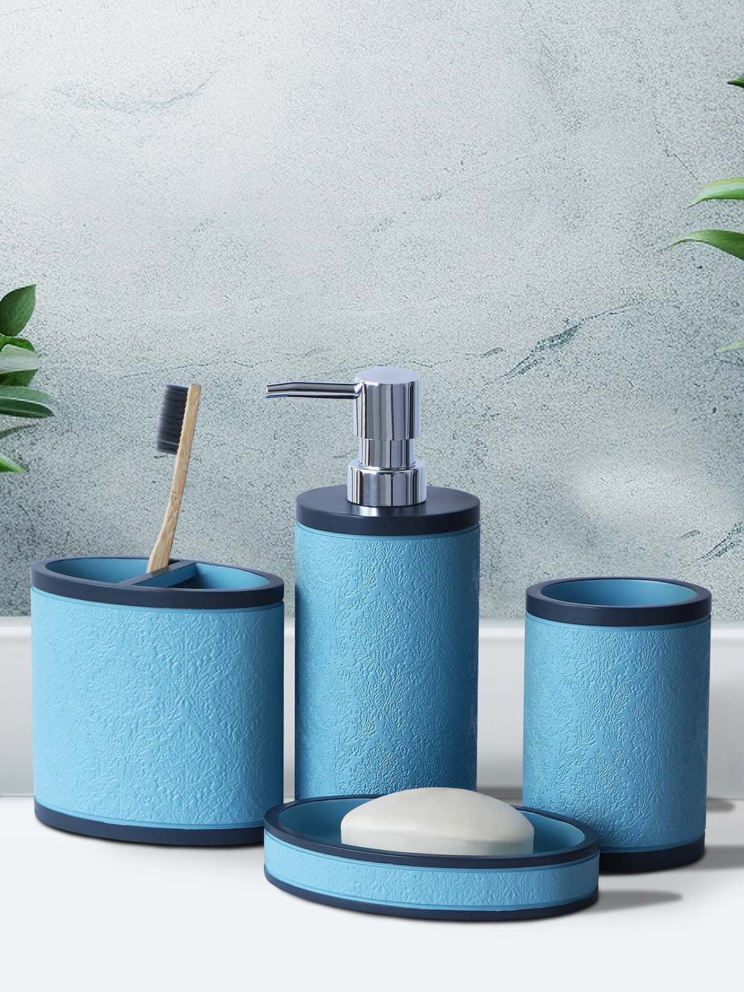 

OBSESSIONS Teal Blue 4 Pieces Textured Bathroom Accessories Set