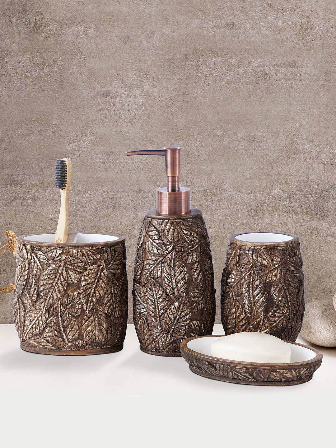 

OBSESSIONS 4 Pcs Brown Textured Bathroom Accessories Set