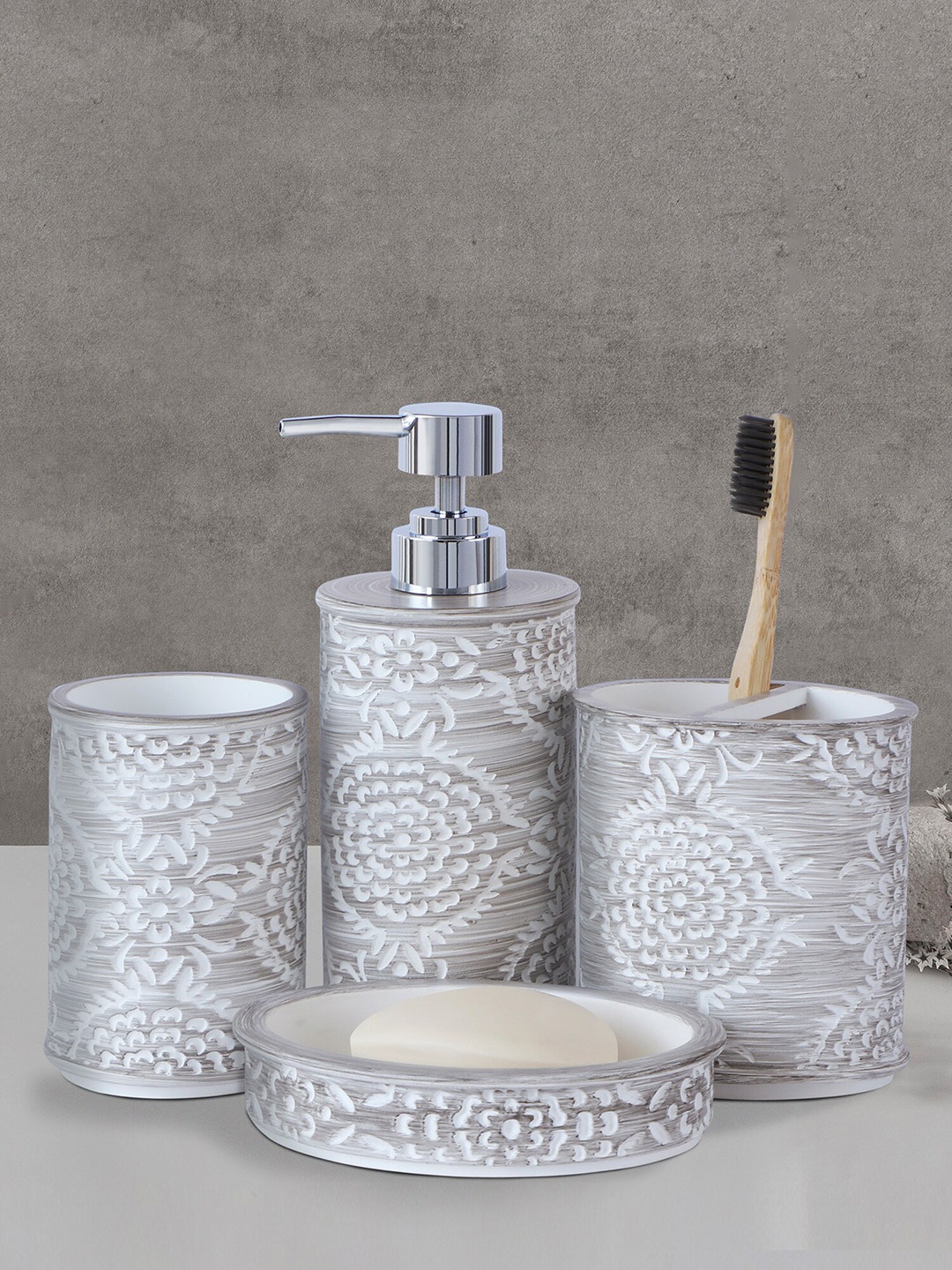 

OBSESSIONS Grey & White 4 Pieces Textured Bathroom Accessories Set