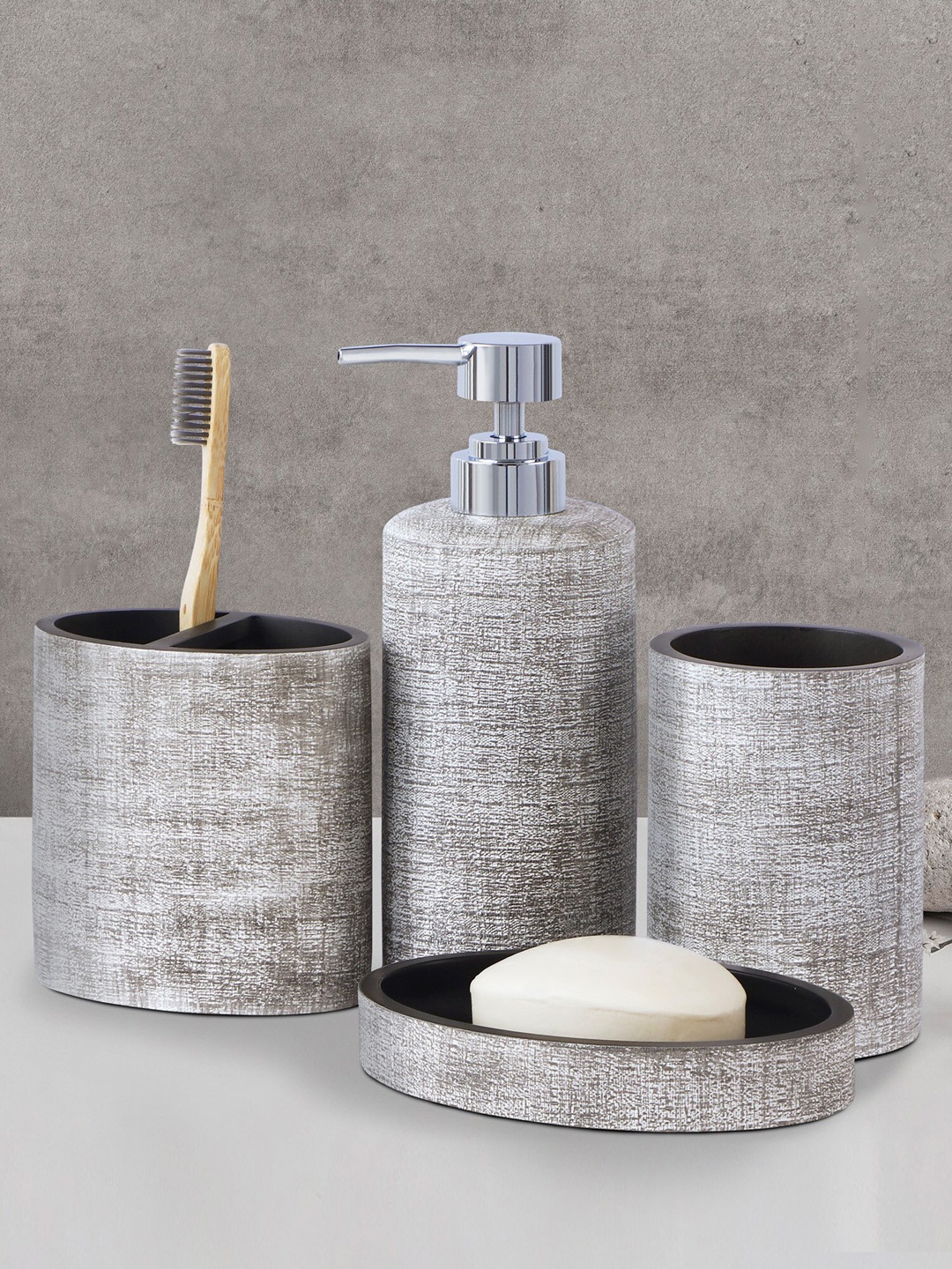 

OBSESSIONS 4 Pcs Taupe & White Textured Bathroom Accessories Set