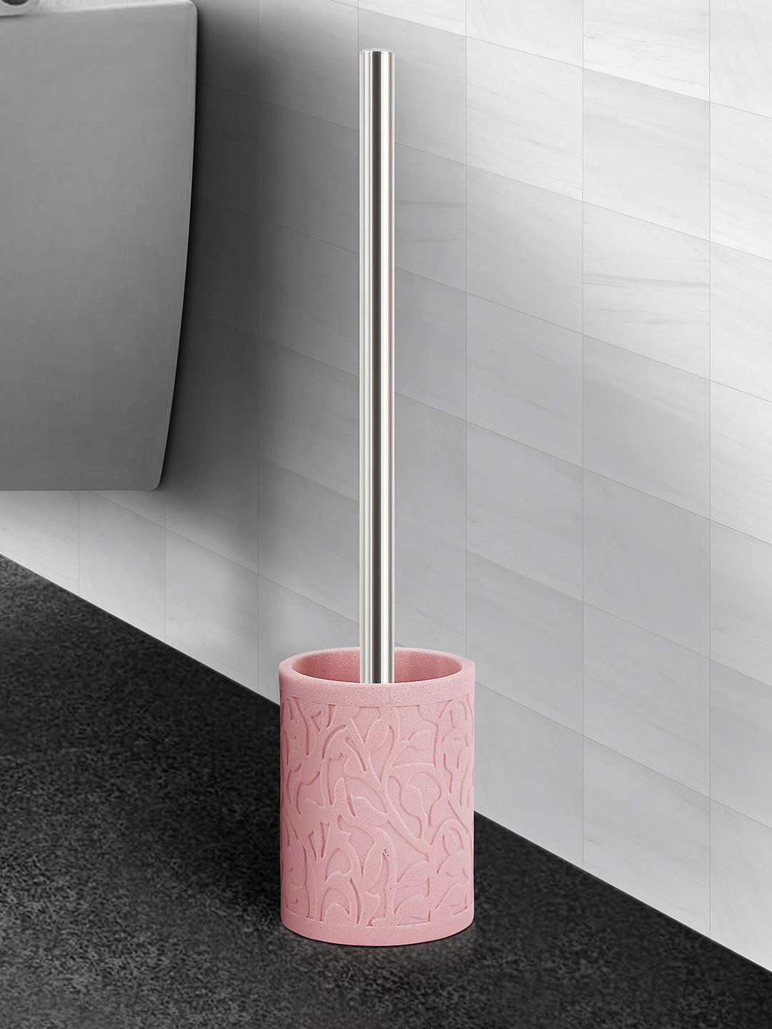 

OBSESSIONS 2 Pcs Pink & White Textured Toilet Brush & Holder