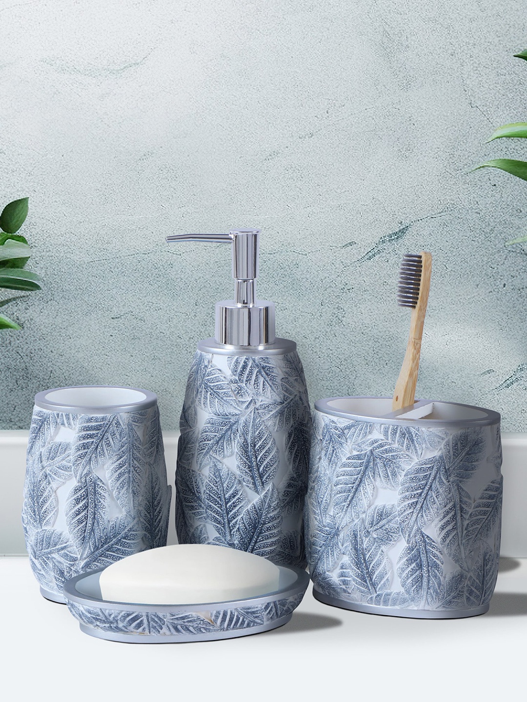 

OBSESSIONS Grey 4 Pieces Textured Bathroom Accessories Set