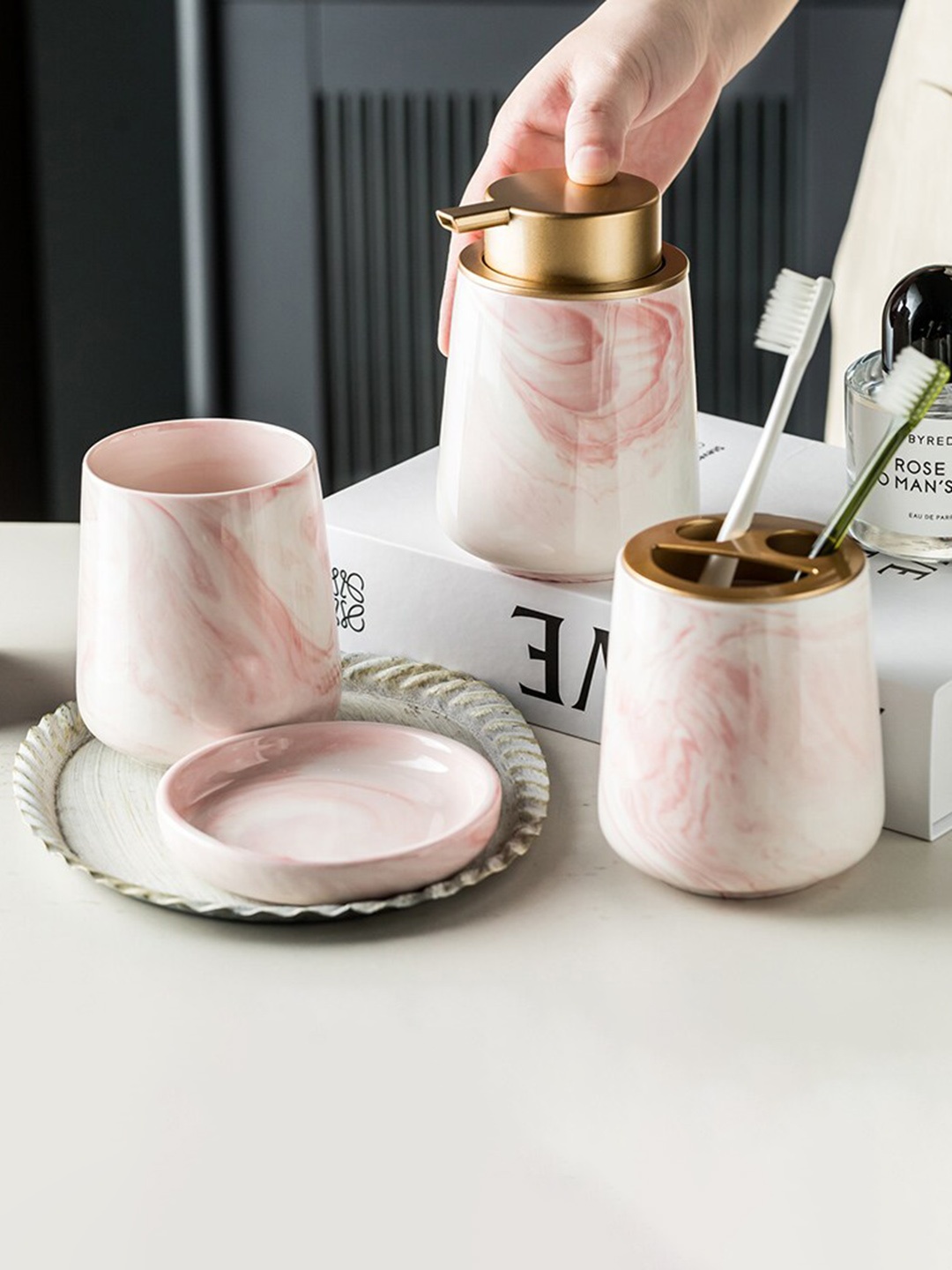 

FabSeasons Set of 4 Satuario Marble Finish Bathroom Accessory Sets, Pink