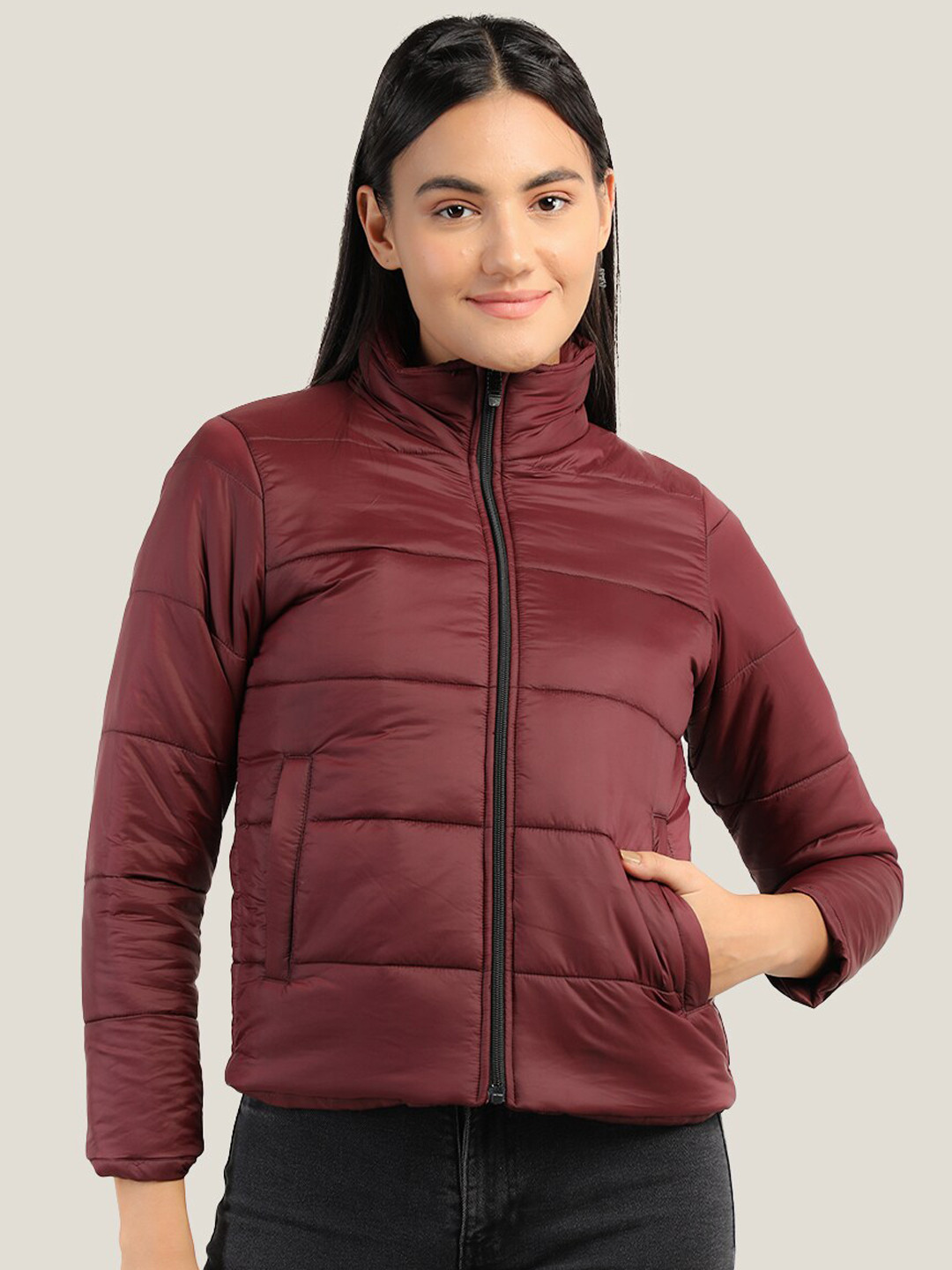 

CHKOKKO Mock Collar Long Sleeves Puffer Jacket, Maroon