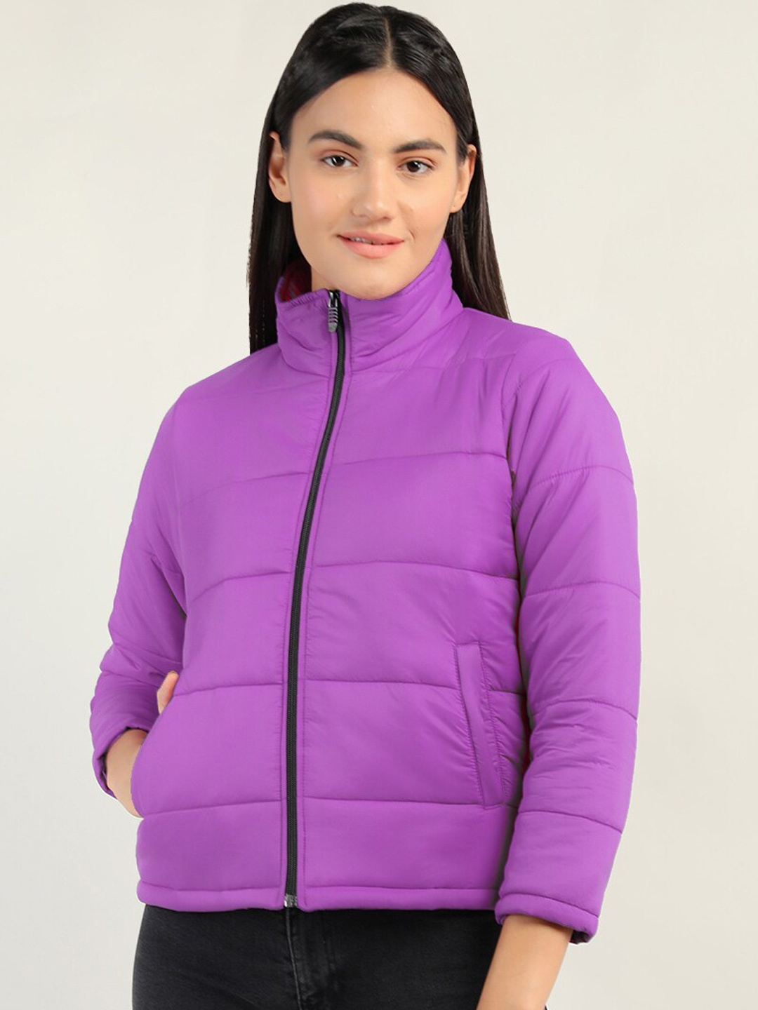 

CHKOKKO Mock Collar Long Sleeves Puffer Jacket, Fuchsia