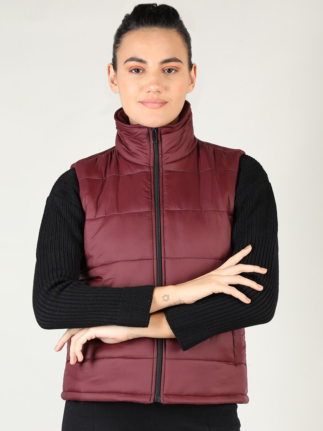 

CHKOKKO Stand Collar Sleeveless Bomber Jacket, Maroon