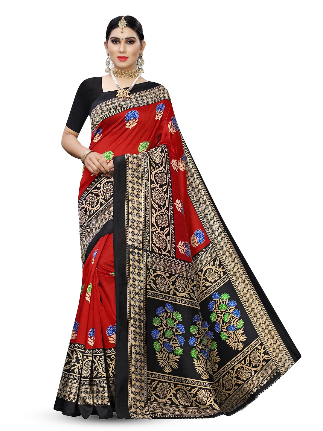 

Florence Floral Printed Art Silk Saree, Red