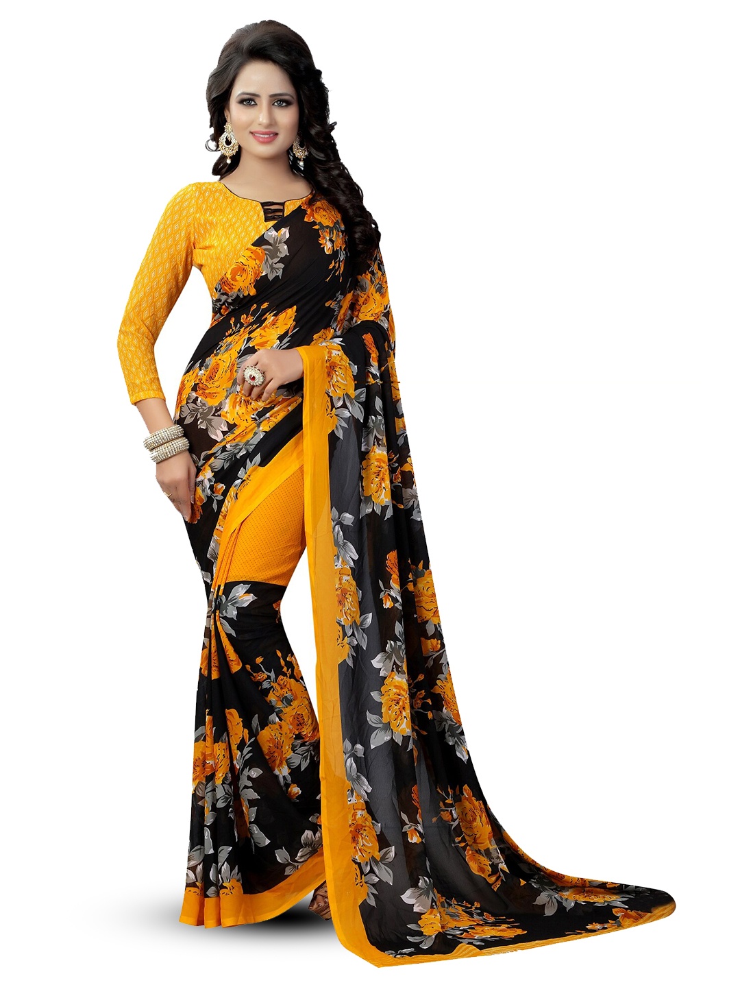

Florence Floral Printed Art Silk Saree, Yellow