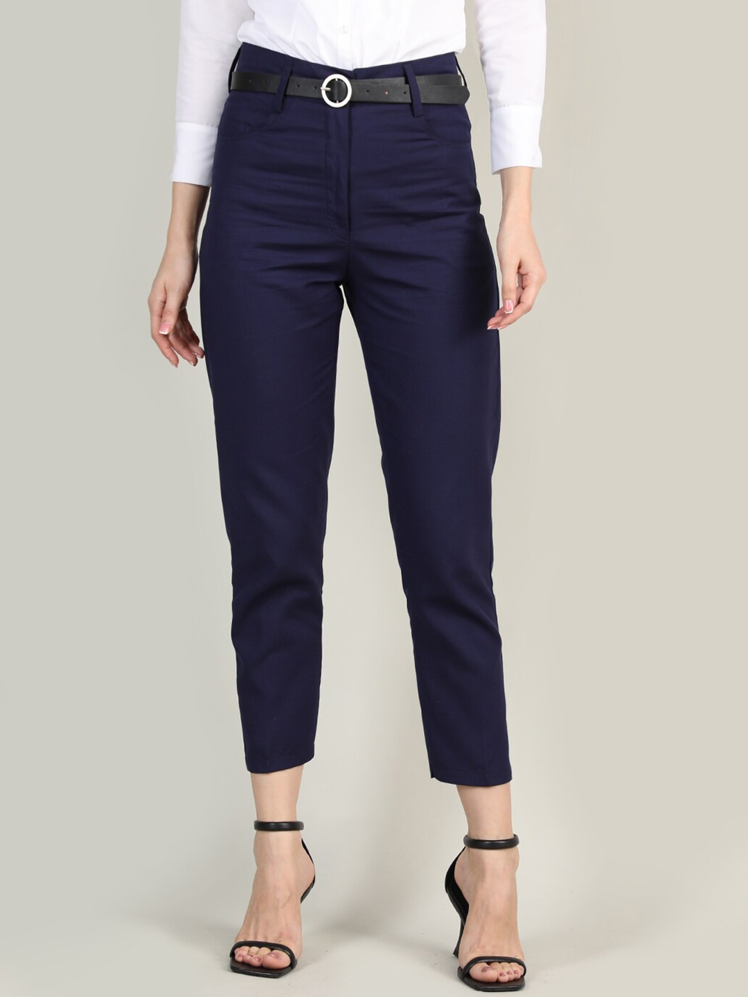 

CHKOKKO Women Mid-Rise Formal Trousers, Navy blue