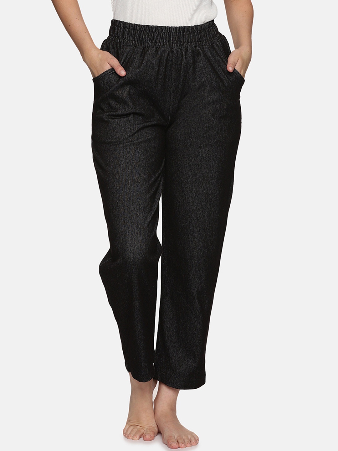 

NOT YET by us Women High Rise Straight Fit Denim Stretchable Cotton Lounge Pants, Black