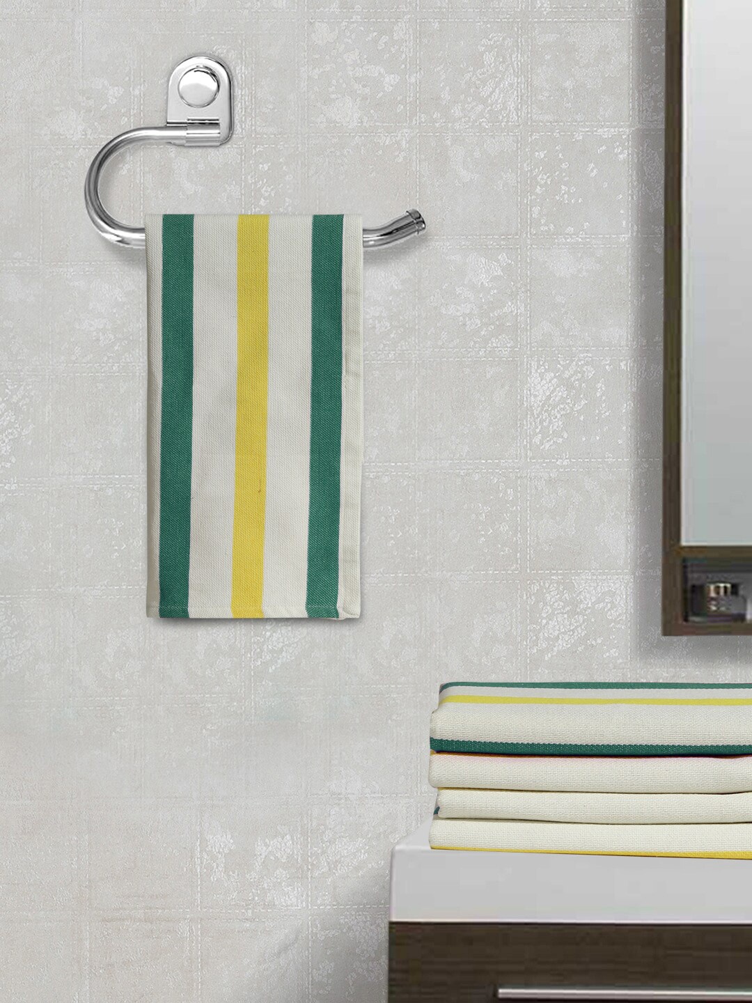 

FABINALIV 5 Pcs White & Green Striped 350 GSM Cotton Hand Towels