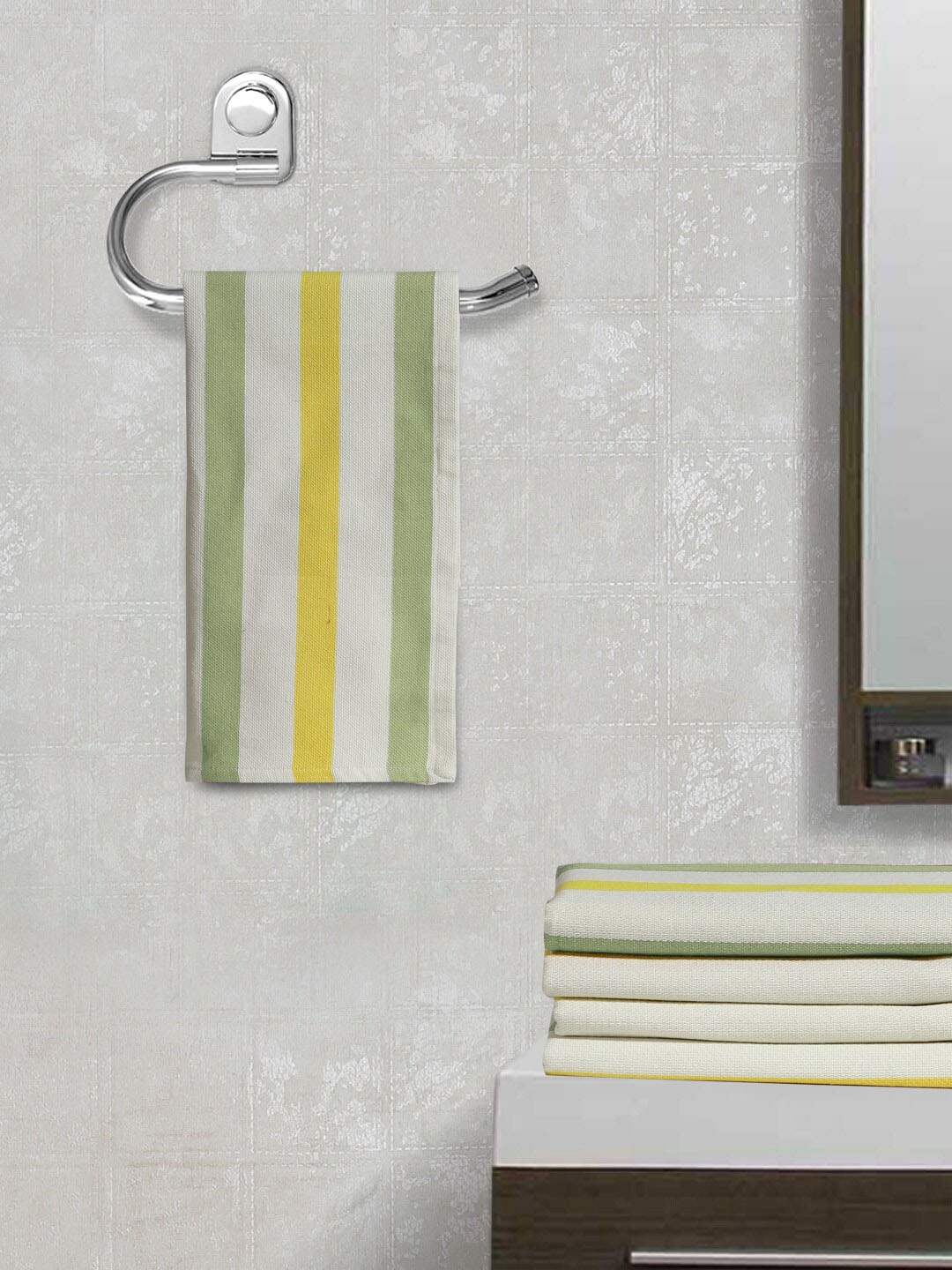 

FABINALIV 5 Pcs White & Green Striped 350 GSM Cotton Hand Towels