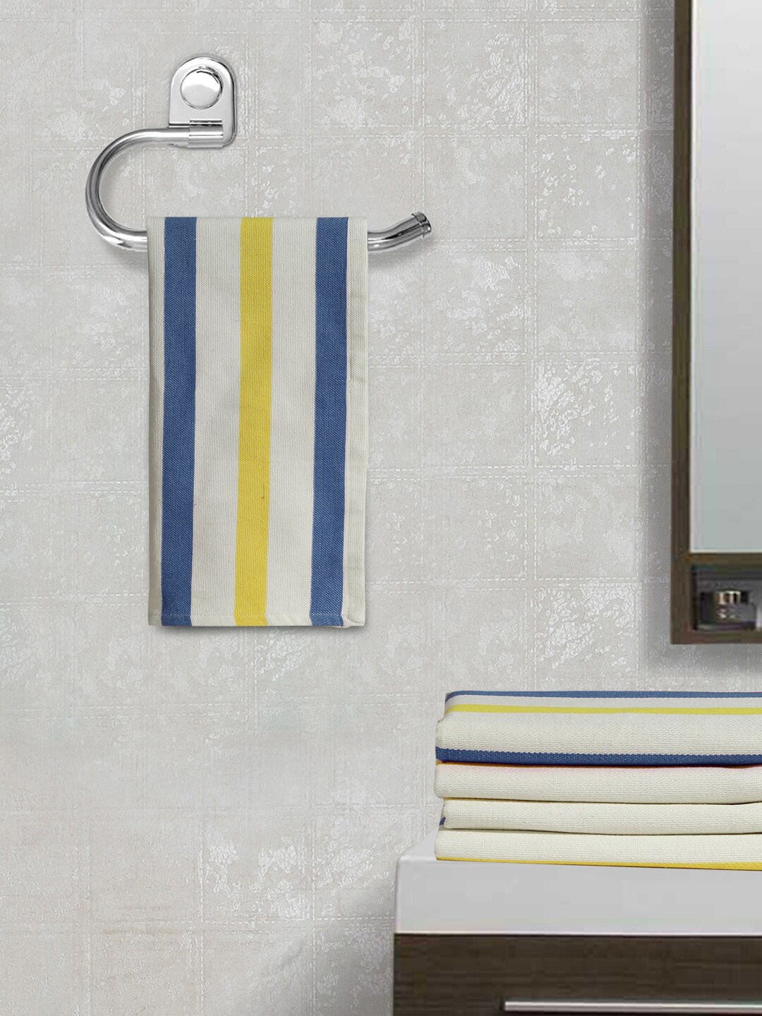 

FABINALIV 5 Pcs White & Blue Striped 350 GSM Cotton Hand Towels