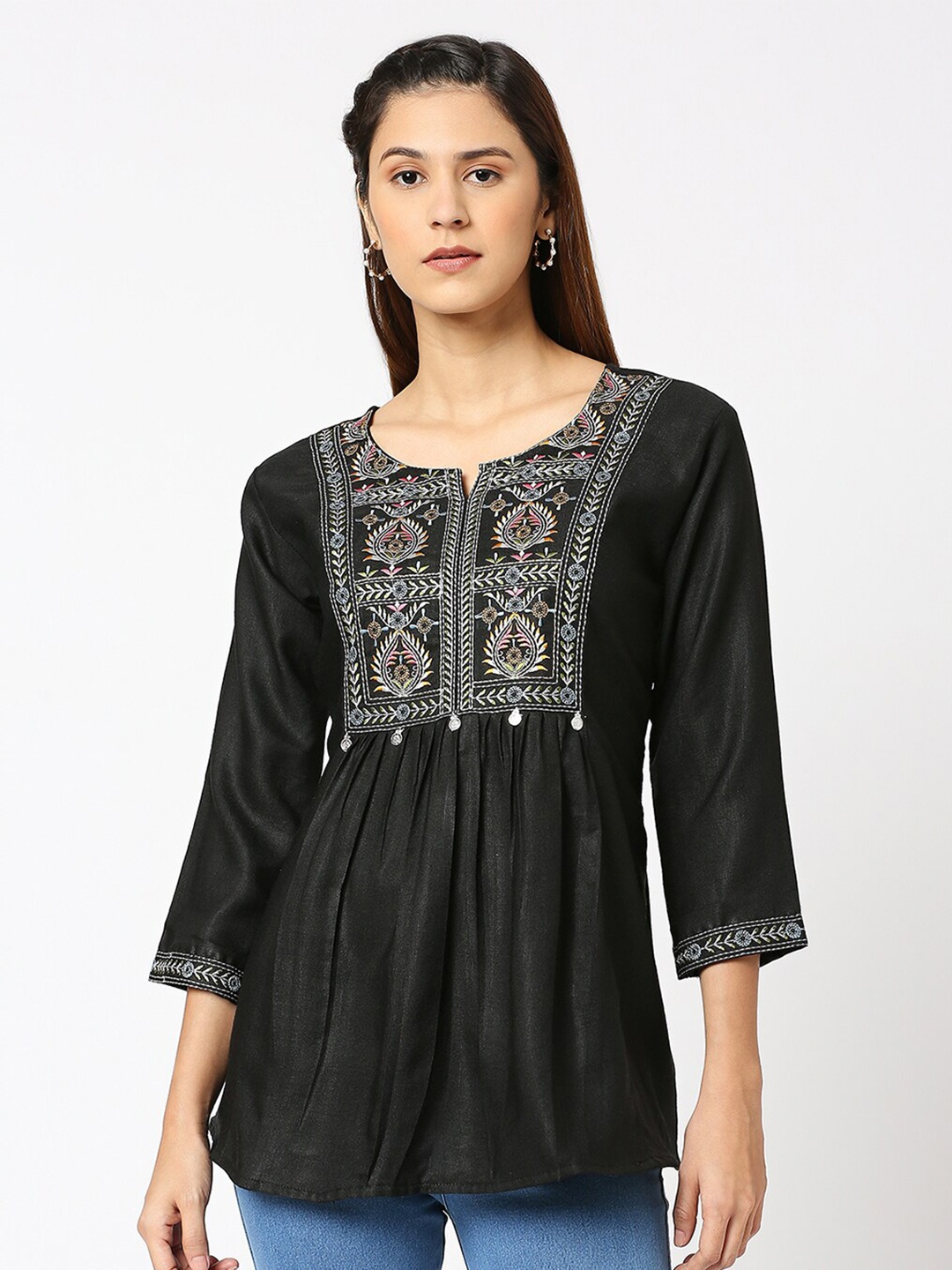 

INDYES Ethnic Motifs Embroidered Thread Work A Line Kurti, Black