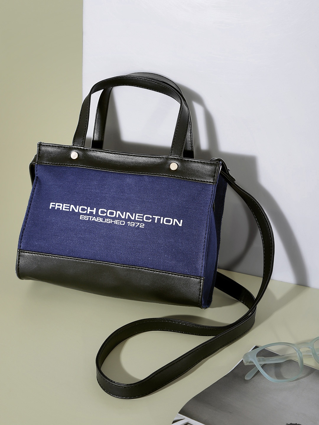 

French Connection Brand Logo Printed Handheld Bag, Blue