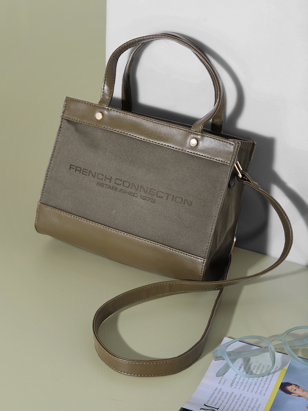 

French Connection Brand Logo Printed Handheld Bag, Green