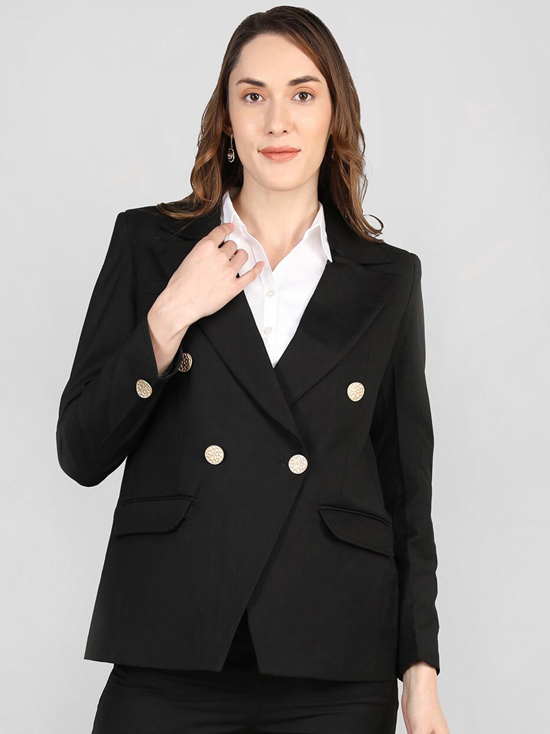 

CHKOKKO Notched Lapel Double-Breasted Blazer, Black