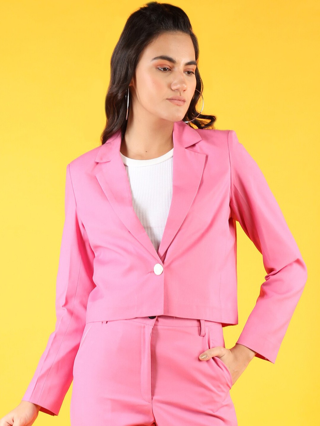 

CHKOKKO Notched Lapel Collar Single-Breasted Crop Casual Blazer, Pink