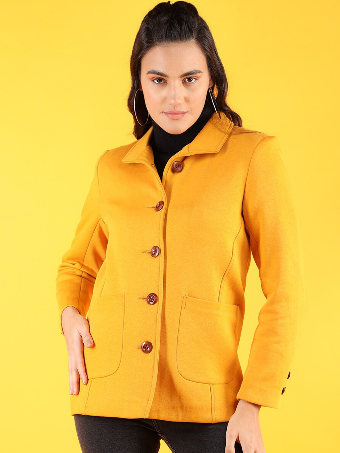 

CHKOKKO Spread Collar Long Sleeves Over Coat, Yellow