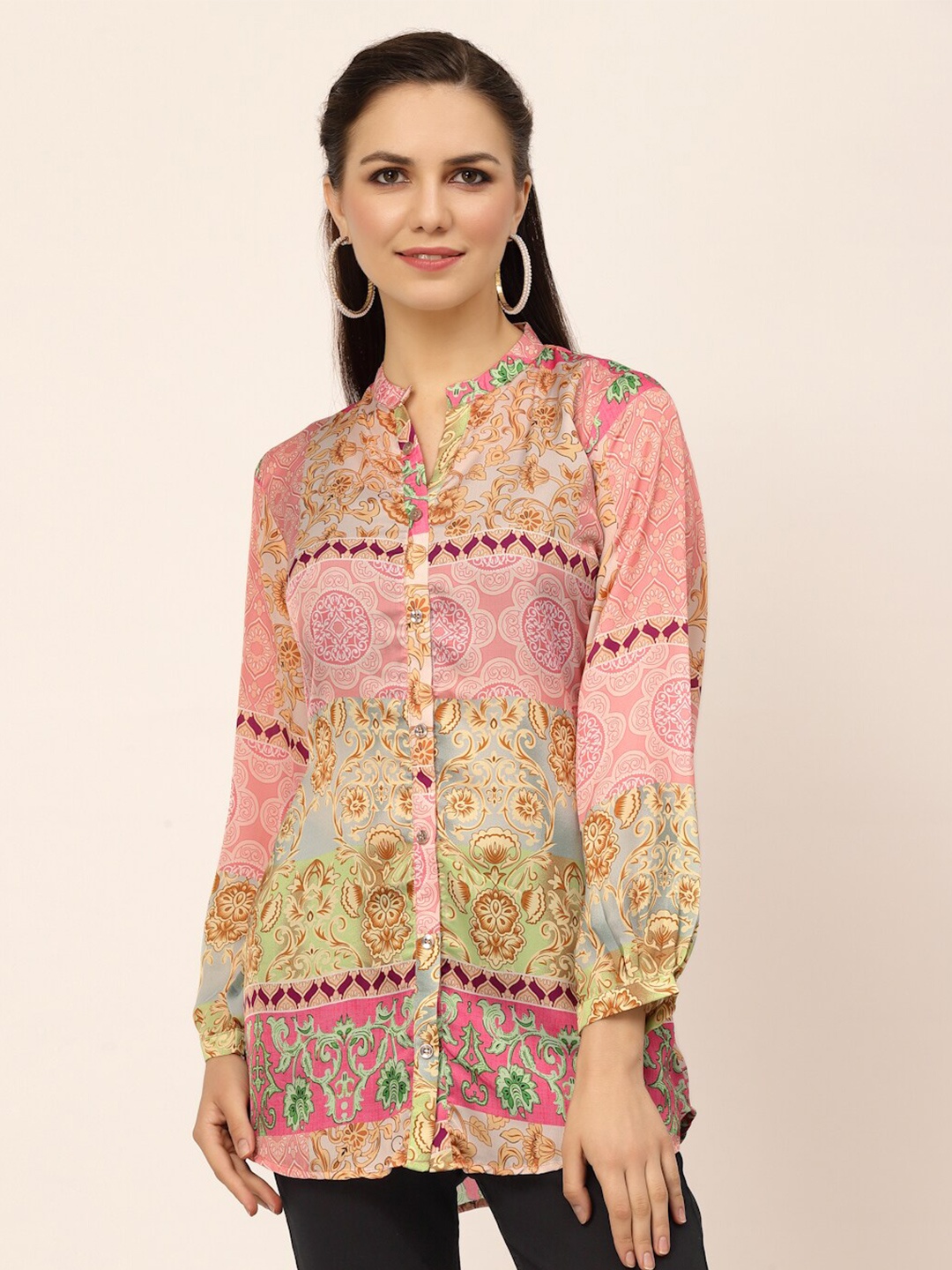 

TANKHI Comfort Ethnic Motifs Printed Silk Casual Shirt, Pink