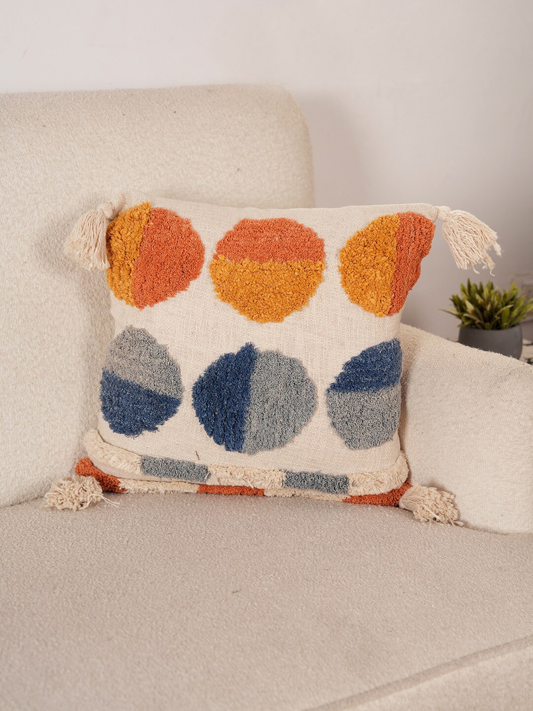 

Art Avenue Cream-Coloured & Blue Embroidered Cotton Square Cushion Cover