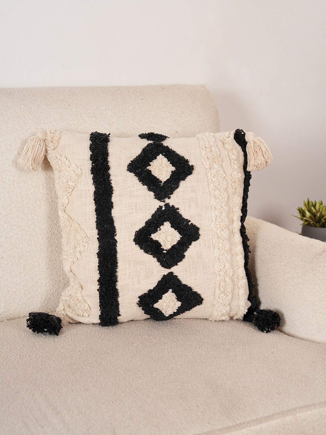 

Art Avenue Cream-Coloured & Black Embroidered Square Cushion Cover