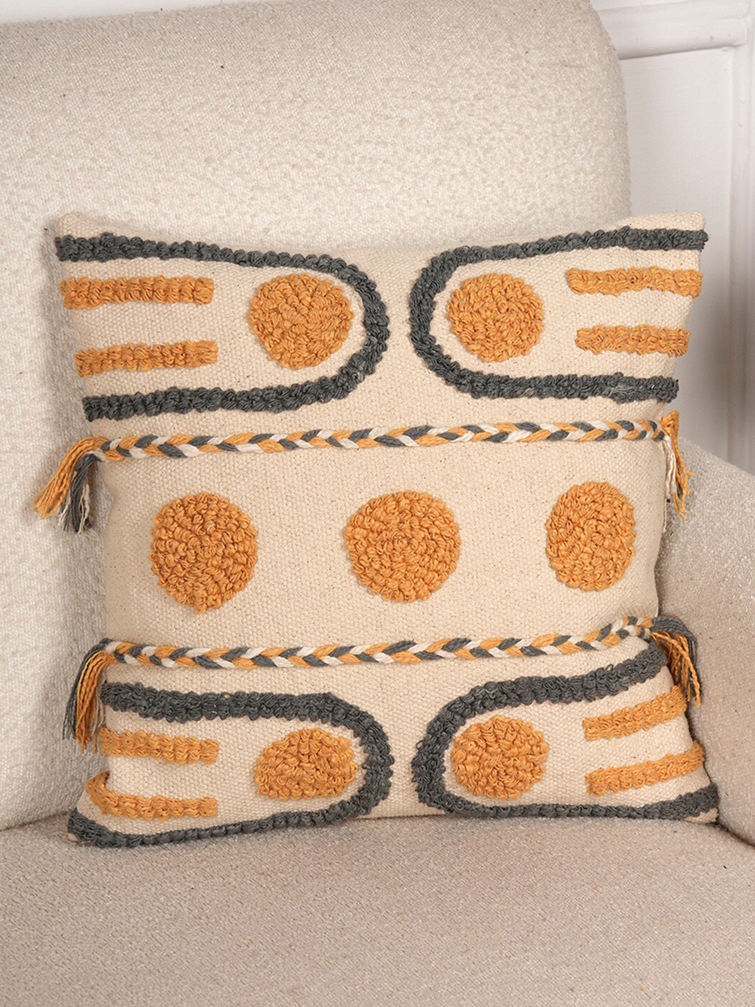 

Art Avenue Moroccan Cream-Coloured & Mustard Embroidered Cotton Square Cushion Cover