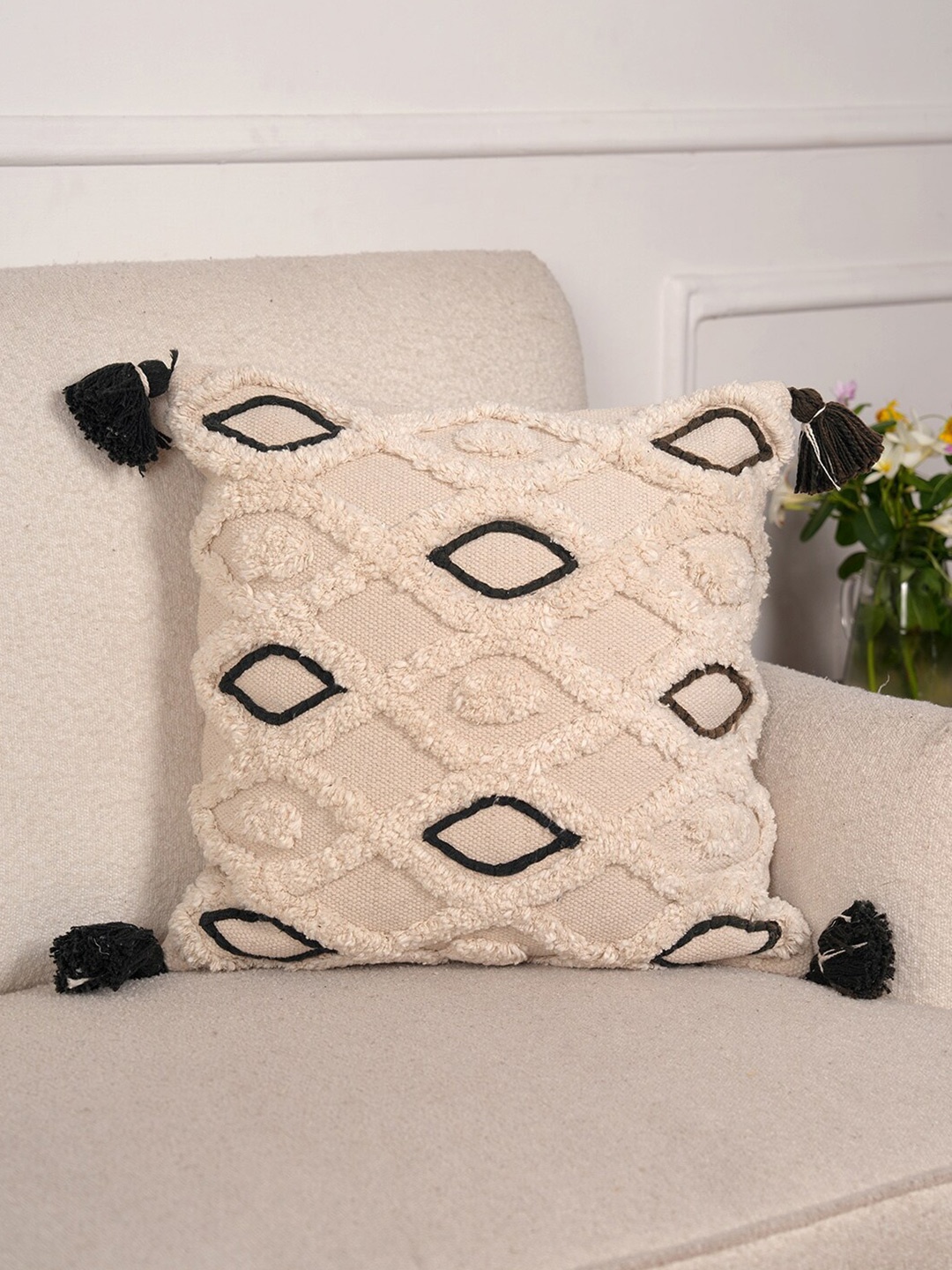 

Art Avenue Emile Cream-Coloured & Black Embroidered Cotton Square Cushion Cover