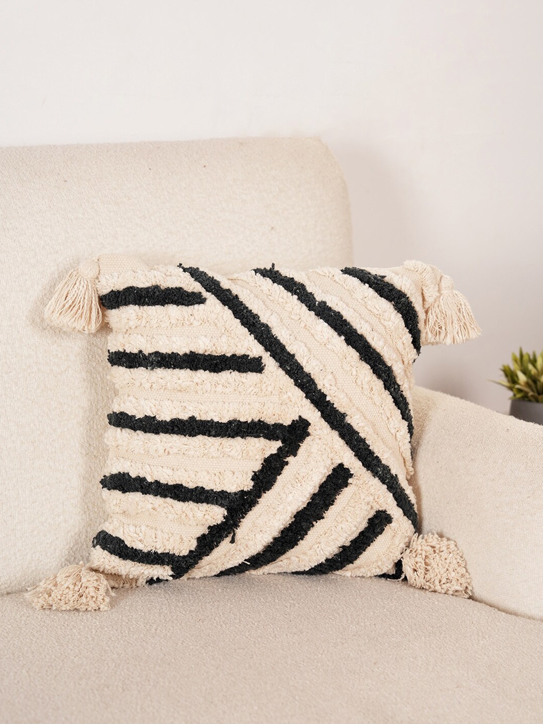 

Art Avenue Cream-Coloured & Black Embroidered Cotton Square Cushion Cover