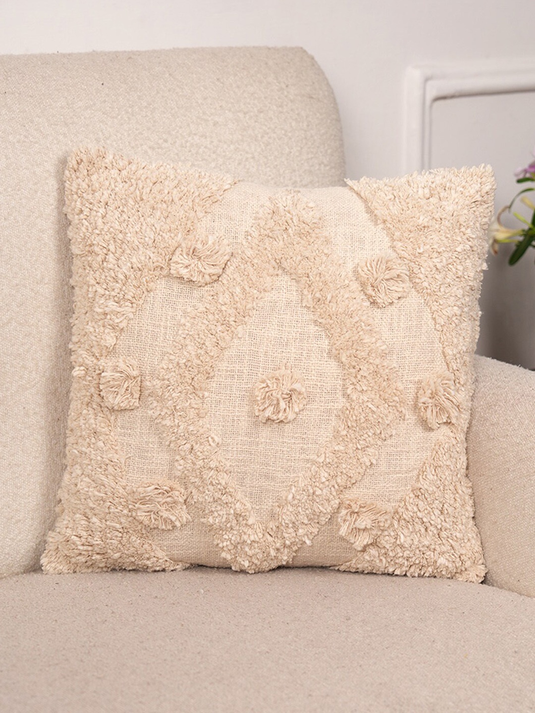 

Art Avenue Cream-Coloured Embroidered Cotton Square Cushion Cover