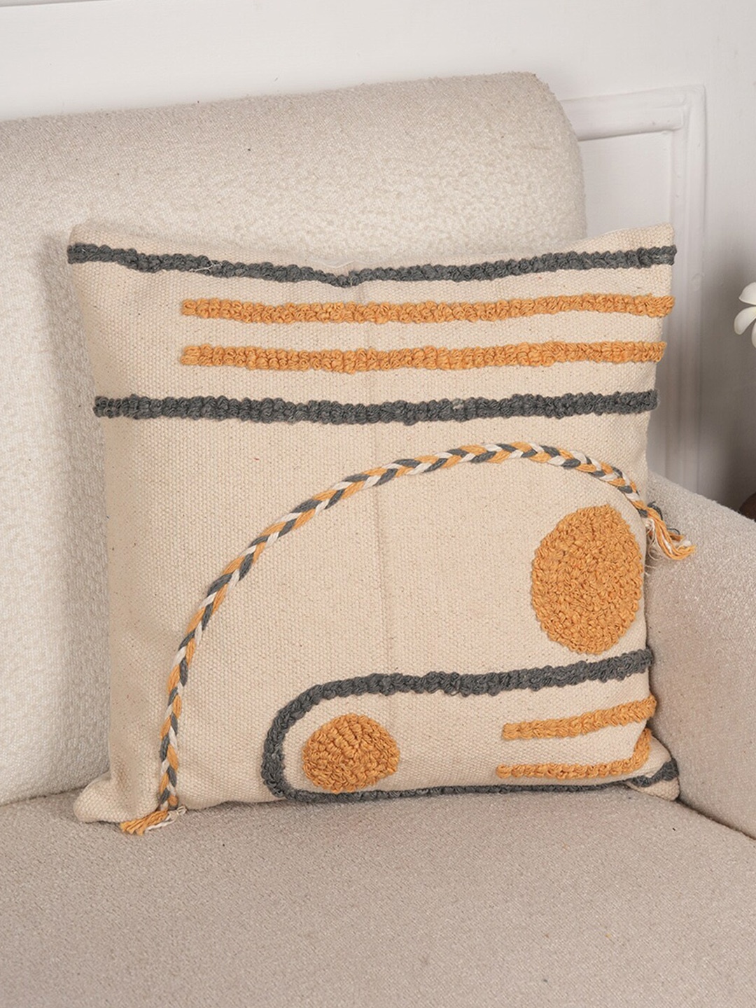 

Art Avenue Calandis Cream-Coloured & Yellow Embroidered Cotton Square Cushion Cover