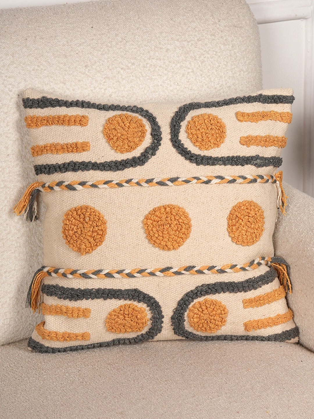 

Art Avenue Cream-Coloured & Orange Embroidered Cotton Square Cushion Cover