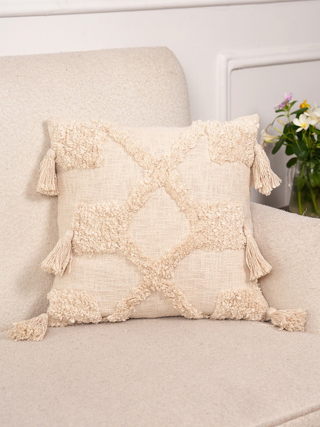 

Art Avenue Ivelect Cream-Coloured Self Design Cotton Square Cushion Cover